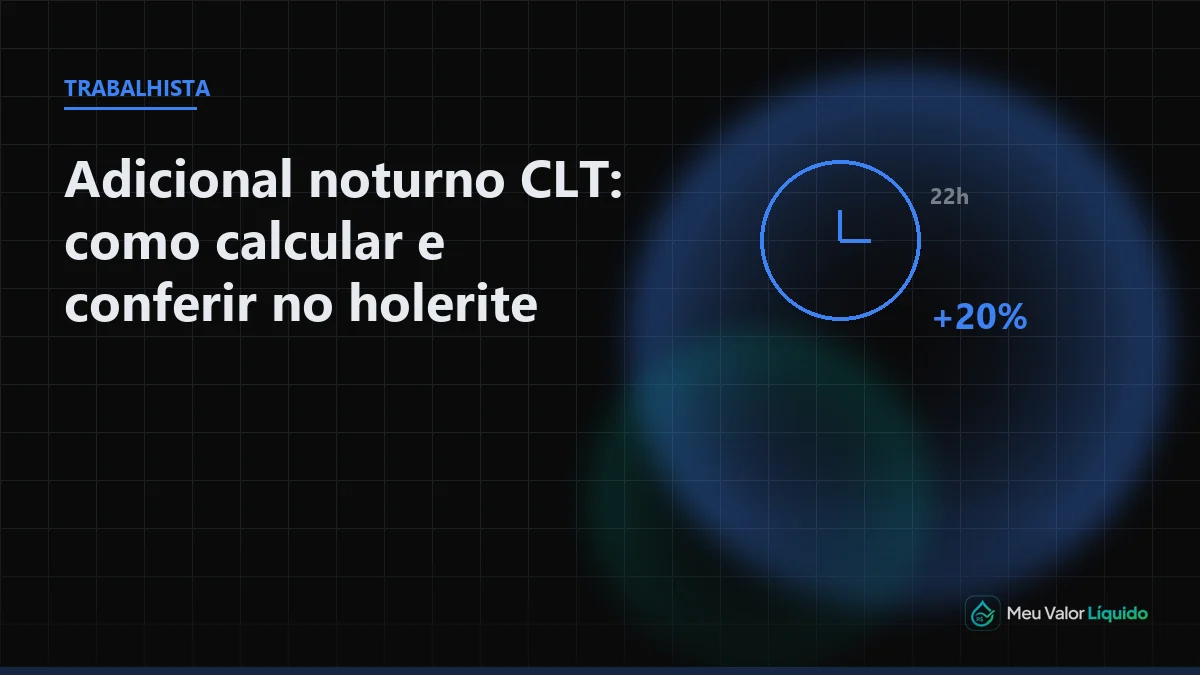 Ilustração editorial (Trabalhista): Adicional noturno CLT: como calcular e conferir no holerite — Meu Valor Líquido