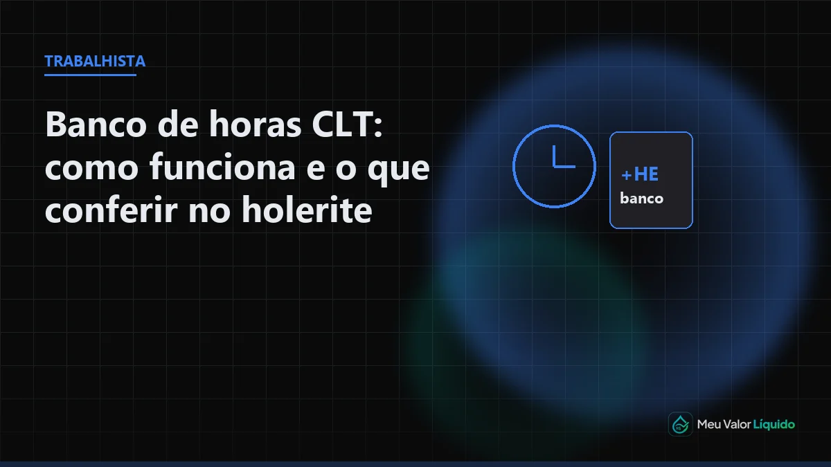 Ilustração editorial (Trabalhista): Banco de horas CLT: como funciona e o que conferir no holerite — Meu Valor Líquido