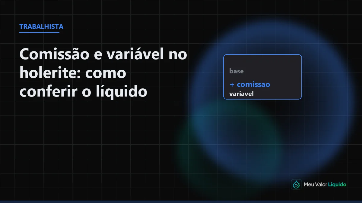 Ilustração editorial (Trabalhista): Comissão e variável no holerite: como conferir o líquido — Meu Valor Líquido