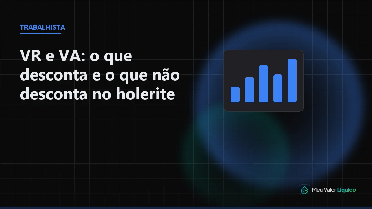 Ilustração editorial (Trabalhista): Desconto de VR e VA no holerite: quanto pode sair do salário? — Meu Valor Líquido
